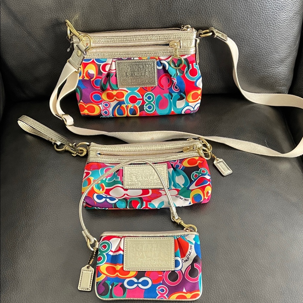 Coach 3 pc set Poppy Graffitti Multicolor Crossbody, Clutch and Wristlet Set - Picture 1 of 3